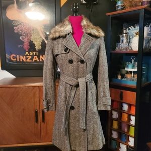 Wool Herringbone Double Breasted Trenchcoat with Detachable Fur Collar.